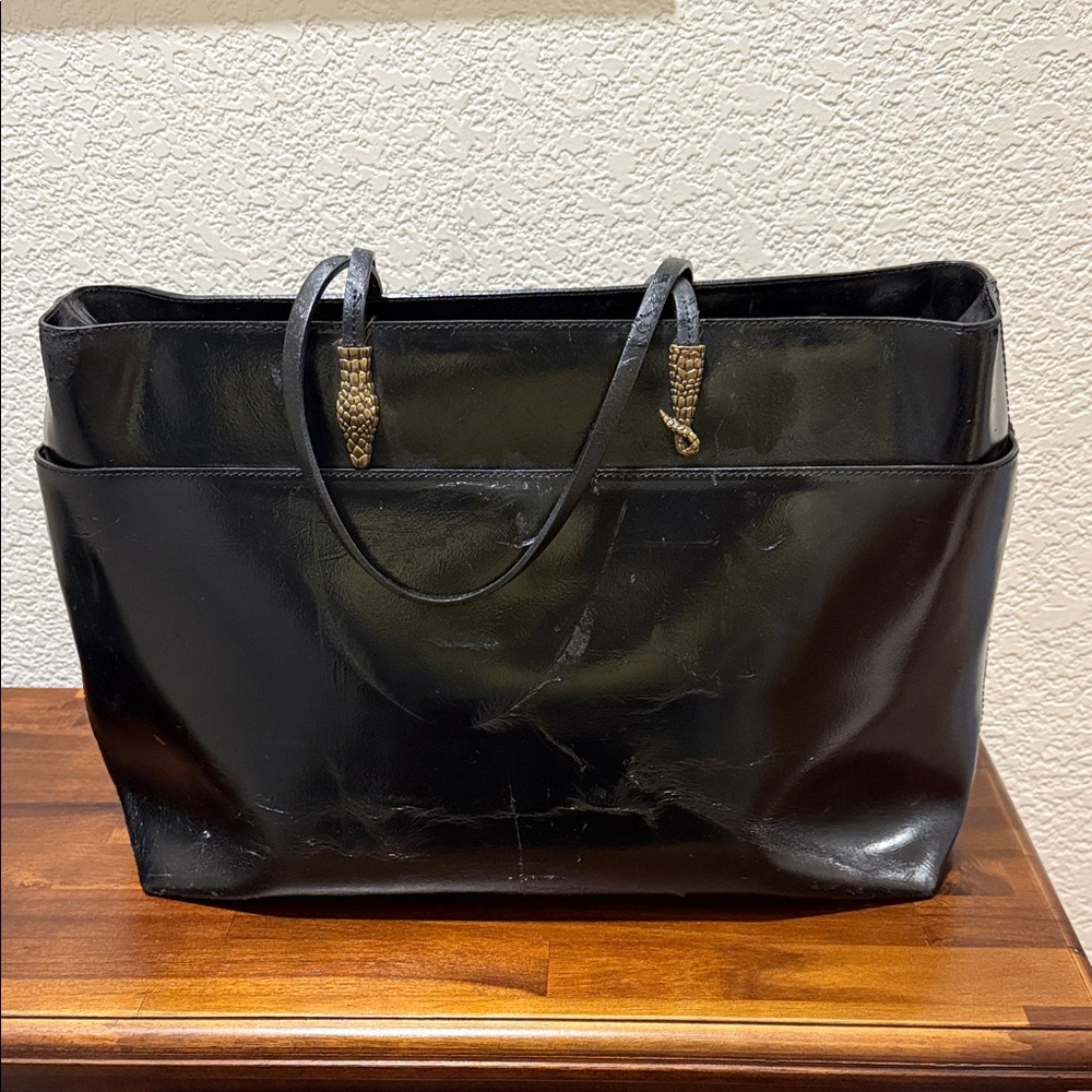 One of a Kind Francesco Biasia Black Leather Tote with Snake Accents